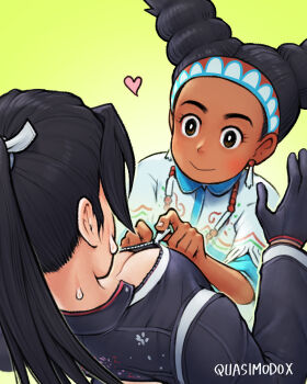 2girls adjusting_another's_clothes black_hair black_jacket breasts cleavage commentary dark-skinned_female dark_skin earrings english_commentary fatal_fury fatal_fury:_city_of_the_wolves heart highres jacket jewelry large_breasts lily_hawk multiple_girls ponytail quasimodox shiranui_mai smile street_fighter street_fighter_6 sweatdrop twintails yuri zipping