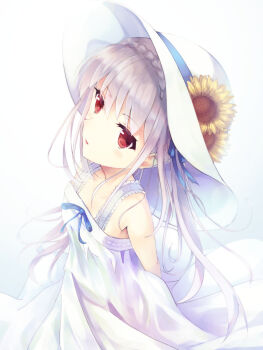 1girl alternate_costume arms_behind_back bare_shoulders blue_ribbon braid breasts coffee1223 commentary_request crown_braid dress flower from_above grey_hair hair_between_eyes hair_ribbon hat hat_flower highres light_blush long_hair looking_at_viewer looking_up nose parted_lips red_eyes ribbon sakurakouji_luna simple_background sleeveless sleeveless_dress small_breasts smile solo sundress sunflower tsuki_ni_yorisou_otome_no_sahou very_long_hair white_background white_dress white_hat