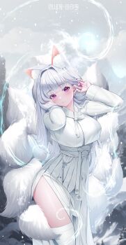 Rule 34 | 1girl, absurdres, animal ear fluff, animal ears, blunt bangs, blush, breasts, chima (clothes), closed mouth, commentary request, energy, fingernails, grey sky, hair intakes, hanbok, hands in own hair, hands up, head tilt, highres, ine (vtuber), korean clothes, korean commentary, korean text, large breasts, light trail, long fingernails, long skirt, long sleeves, looking at viewer, mountainous horizon, multiple tails, nail polish, outdoors, purple eyes, purple nails, side slit, sidelocks, skirt, sky, sleeves past wrists, smile, snow, snowing, solo, standing, striped clothes, tail, thighhighs, thighs, vertical-striped clothes, virtual youtuber, waktaverse, white hair, white hanbok, white thighhighs, yeon do e