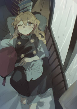 1girl absurdres apron barefoot bed_sheet black_skirt black_vest blonde_hair book book_stack braid closed_mouth commentary_request expressionless hair_between_eyes head_on_pillow highres kirisame_marisa long_hair long_sleeves lying on_back one_eye_closed pillow rain shi_chimi shirt side_braid single_braid skirt solo touhou vest white_shirt window yellow_eyes