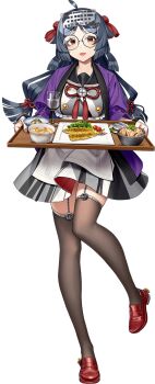 1girl akasaka_yuzu apron black_hair black_thighhighs breasts brown_eyes dress fish full_body glasses happi headgear heian_maru_(kancolle) heian_maru_(saury_festival)_(kancolle) heian_maru_kai_(kancolle) holding holding_tray jacket japanese_clothes kantai_collection long_hair looking_at_viewer official_alternate_costume official_art open_mouth purple_happi purple_jacket red_shoes round_eyewear saury shoes smile solo thighhighs transparent_background tray white_apron