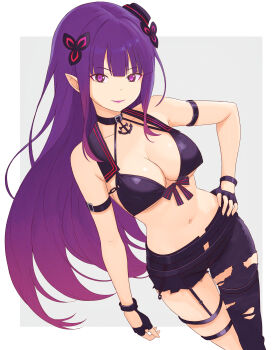 1girl absurdres anchor_choker asymmetrical_clothes asymmetrical_pants bare_shoulders belt bikini bikini_top_only black_choker black_eyes black_gloves breasts choker cleavage commentary commission commissioner_upload cosplay elf eyeshadow fate/grand_order fate_(series) fingerless_gloves flower gloves gradient_hair hand_on_own_hip hat highres jeanne_d&#039;arc_alter_(fate) jeanne_d&#039;arc_alter_(mystery_treasure)_(fate) jeanne_d&#039;arc_alter_(mystery_treasure)_(fate)_(cosplay) jeanne_d&#039;arc_alter_(swimsuit_berserker)_(fate) large_breasts long_hair looking_at_viewer lyra_(re:zero) makeup mini_hat multicolored_eyes multicolored_hair navel official_alternate_costume pants pointy_ears purple_eyes purple_eyeshadow purple_hair purple_lips purple_pupils re:zero_kara_hajimeru_isekai_seikatsu re:zero_kara_hajimeru_isekai_seikatsu:_lost_in_memories second-party_source shorts simple_background single_pantsleg smile solo swimsuit torn_clothes torn_pants torn_shorts truejekart