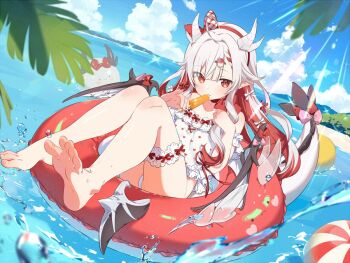 1girl barefoot bikini bow cloud dragon_girl dragon_horns dragon_tail dragon_wings feet food hairband holding horns indie_virtual_youtuber innertube kamuri_amuru kiya_machi long_hair looking_at_viewer multicolored_hair ocean outdoors pointy_ears popsicle red_eyes red_hair sky soles solo swim_ring swimsuit tail toes virtual_youtuber water white_hair wings
