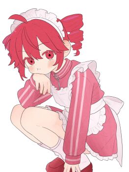 1girl ahoge apron closed_mouth commentary_request drill_hair highres jacket jersey_maid kasane_teto komori_kamome long_sleeves looking_at_viewer maid maid_apron maid_headdress miniskirt pink_jacket pink_skirt red_eyes red_hair red_shoes shoes simple_background skirt socks solo squatting track_jacket twin_drills unconventional_maid utau white_apron white_background white_socks