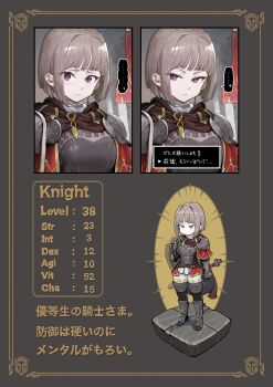 ... 1girl armor blunt_bangs blunt_ends bob_cut braid breastplate character_profile chibi choice close-up flag frown gauntlets grey_hair highres indoors jun_(navigavi) looking_at_viewer original parted_lips pauldrons polearm purple_eyes roleplay sad sheath sheathed shield shield_on_back short_hair shoulder_armor solo spear speech_bubble standing stats sword tearing_up translation_request upper_body weapon