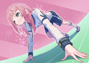 1girl bent_over closed_mouth commentary_request crouch_start doyagao dutch_angle ganbariiiyo gradient_background green_eyes gym_uniform hand_on_ground highres inazuma_eleven_(series) inazuma_eleven_ares_no_tenbin long_hair looking_at_another pants pink_hair shiratoya_nae shirt shoes smug socks solo white_shirt white_socks