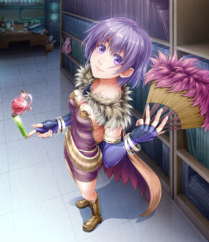 1girl alchemist_(ragnarok_online) bangle blue_gloves blush book bookshelf boots bracelet breasts brown_boots brown_cape cape cleavage closed_mouth commentary_request cork corked_bottle dress elbow_gloves fingerless_gloves folding_fan full_body fur_collar gloves hand_fan highres holding holding_fan indoors jewelry kakitsubata_(ashi_ga_chi_ni_tsukanai) laboratory large_breasts looking_at_viewer poring potion purple_dress purple_eyes purple_hair ragnarok_online short_hair slime_(creature) smile solo standing strapless strapless_dress table tile_floor tiles vial