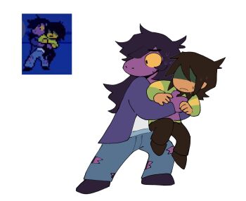1girl 1other black_eyes black_shoes blue_pants brown_hair brown_pants brown_shoes carrying carrying_person closed_mouth colored_sclera colored_skin commentary deltarune denim derivative_work english_commentary full_body green_sweater hair_between_eyes hands_up highres jacket kris_(deltarune) long_hair long_sleeves monster_girl no_eyes open_clothes open_jacket pants purple_hair purple_jacket purple_skin queen_pilled screenshot_redraw shaded_face shirt shoes short_hair simple_background single_stripe standing striped_clothes striped_sweater susie_(deltarune) sweat sweater t-shirt tan utdr_(toby_fox) white_background white_shirt yellow_sclera