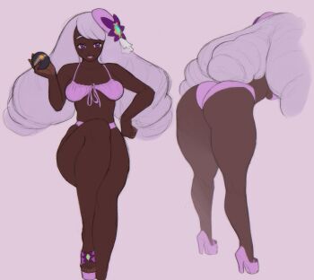 1girl alternate_breast_size_(larger) ass belly bikini blush breasts cleavage cowboy_shot curvy dark-skinned_female dark_skin hair_ornament hand_on_own_hip highleg highleg_bikini highres holding holding_poke_ball huge_ass jacinthe_(pokemon) lips long_hair looking_at_viewer low_drills medium_breasts multiple_views navel nintendo open_mouth pink_bikini poke_ball pokemon pokemon_legends:_z-a pothosdark purple_eyes purple_hair shiny_skin side-tie_bikini_bottom simple_background smile solo swimsuit very_dark_skin very_long_hair white_bikini wide_hips