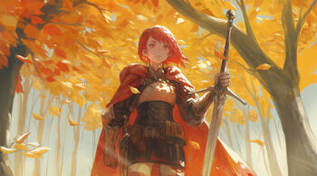 1girl armor art_of_papayou autumn autumn_leaves cape commentary dagger dappled_sunlight earrings english_commentary highres jewelry knife leaf looking_at_viewer original outdoors planted planted_sword planted_weapon red_cape red_eyes red_hair scar scar_on_face sheath sheathed short_hair single_couter single_earring solo sunlight sword tree vambraces weapon wind