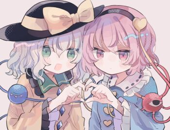 2girls :d black_hairband black_hat blue_shirt bow buttons commentary diamond_button frilled_shirt_collar frilled_sleeves frills green_eyes green_hair hair_ornament hairband hat hat_bow hat_ribbon heart heart_button heart_hair_ornament heart_hands heart_hands_duo hiyuu_(hiyualice) komeiji_koishi komeiji_satori long_sleeves looking_at_viewer multiple_girls open_mouth pink_eyes pink_hair ribbon ribbon-trimmed_collar ribbon_trim satokoi_day shirt short_hair siblings sisters smile third_eye touhou upper_body wide_sleeves yellow_bow yellow_ribbon yellow_shirt