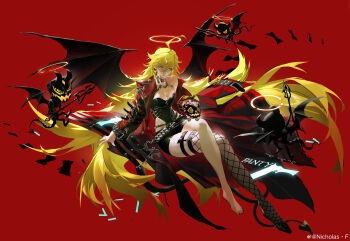 1girl absurdly_long_hair absurdres black_leotard black_shorts blonde_hair coat demon_wings halo highres incredibly_absurdres leotard long_hair looking_at_viewer nicholas.f panty_&amp;_stocking_with_garterbelt panty_(psg) red_coat shorts solo very_long_hair wings