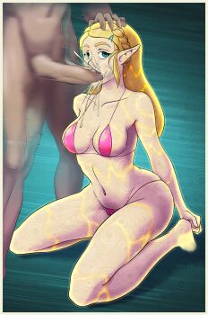 1boy 1girl 20s bare_shoulders bikini blonde_hair braid breasts cheek_bulge cleavage clothed_female_nude_male collarbone crown_braid erection fellatio full_body glowing glowing_skin gradient_background green_background green_eyes hair_ornament hairclip head_grab hetero highres irrumatio kneeling long_hair looking_away magic medium_breasts micro_bikini midriff motion_blur motion_lines multicolored_background navel nintendo nude open_mouth oral palomar4233 penis pink_bikini pointy_ears princess princess_zelda revealing_clothes sidelocks solo_focus standing stasis_(rune) swimsuit the_legend_of_zelda the_legend_of_zelda:_breath_of_the_wild time_manipulation time_stop uncensored