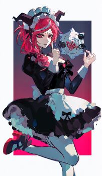 1girl apron back_bow black_bow black_dress bow breasts cleavage dress fiona_gilman fiona_gilman_(crimson) frilled_headwear hands_up high_heels highres horns identity_v index_finger_raised leg_up lglgwdpy long_hair looking_at_viewer maid_headdress medium_breasts multicolored_hair pantyhose parted_bangs ponytail portal_(object) red_eyes red_hair smile solo streaked_hair waist_apron white_apron white_bow white_pantyhose white_streaks