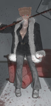 1girl absurdres animal_ears black_shirt blonde_hair blood blood_on_face blood_splatter bloody_weapon breasts brown_hair cleavage cloak coat commentary_request extra_ears fate/grand_order fate_(series) formal_clothes fur-trimmed_cloak fur-trimmed_coat fur_trim glowing glowing_eyes highres incredibly_absurdres jaguar_ears jaguarman_(fate) jaguarman_(third_ascension)_(fate) jewelry licking_lips looking_at_viewer medium_breasts necklace open_clothes open_shirt orange_hair pant_suit pants polearm red_eyes shirt short_hair suit tongue tongue_out tonko_from weapon