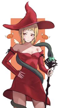 Rule 34 | 1girl, absurdres, alternate costume, blonde hair, breasts, chainsaw man, closed mouth, dress, facial mark, halloween, hand on own hip, hat, highres, holding, holding staff, off-shoulder dress, off shoulder, red dress, red eyes, red hat, sakuranuts00, sawatari akane (chainsaw man), small breasts, snake, solo, staff, witch hat