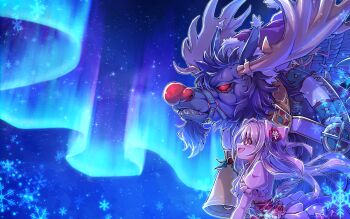 1girl aurora chaos_marie_(grimms_notes) christmas corset frilled_sleeves frills grimms_notes hair_intakes hair_ribbon hat heart heart-shaped_pupils highres long_hair long_sidelocks looking_up pink_eyes profile puffy_sleeves red_corset red_eyes red_nose reindeer ribbon rudolph_the_red_nosed_reindeer_(grimms_notes) ruisuke santa_hat sharp_teeth shirt sidelocks snowflakes symbol-shaped_pupils teeth white_shirt wings