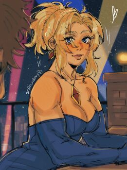 1boy 1girl absurdres bare_shoulders blonde_blazer blue_dress blue_eyes blush breasts dispatch dress elbow_gloves gloves hair_intakes highres jewelry lips medium_breasts necklace ponytail smile solo_focus strapless strapless_dress strawderryst upper_body