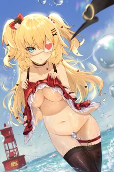 Rule 34 | 1girl, akai haato, akai haato (gothic lolita), bad id, bad twitter id, bare shoulders, bird, blonde hair, blue eyes, blurry, blush, bottomless, bow, breasts, buoy, censored, choker, clothes lift, convenient censoring, depth of field, dress, dress lift, eyepatch, haaton (akai haato), hair bow, hair ornament, heart, heart eyepatch, highres, hololive, jewelry, kakumayu, large breasts, leaning forward, long hair, looking at viewer, navel, necklace, no bra, no panties, red dress, seagull, sky, sleeveless, sleeveless dress, solo, thigh strap, thighhighs, two side up, underboob, virtual youtuber, wading, water, water censor, water drop, wet, wet clothes, x hair ornament