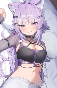 1girl absurdres ahoge akuto_(akuto_desu) animal_ear_fluff animal_ears black_choker blush breasts cat_ears cat_girl choker cleavage commentary english_commentary hair_ornament hairpin highres hololive large_breasts looking_at_viewer navel nekomata_okayu nekomata_okayu_(personya_respect) o-ring o-ring_choker official_alternate_costume official_alternate_hairstyle pants solo virtual_youtuber white_pants