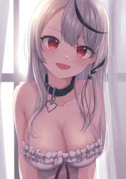 1girl armpit_crease bare_shoulders black_collar black_streaks blush braid breasts camisole cleavage collar collarbone commentary_request double-parted_bangs frilled_camisole frills hair_ornament heart_collar hololive indoors large_breasts long_hair looking_at_viewer multicolored_hair open_mouth ramkilog red_eyes sakamata_chloe smile solo streaked_hair upper_body virtual_youtuber white_camisole window window_light