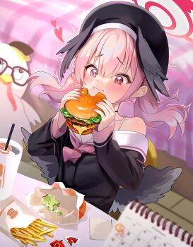 1girl absurdres bare_shoulders black_hat black_shirt black_wings blue_archive blush burger food food_in_mouth hair_between_eyes halo hat head_wings highres holding holding_burger holding_food hyurumari koharu_(blue_archive) long_hair low_wings neckerchief peroro_(blue_archive) pink_hair pink_neckerchief red_eyes red_halo sailor_collar shirt solo twintails white_sailor_collar wings