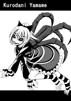 1girl arthropod_girl arthropod_limbs ayana_mizuki barefoot bow buttons character_name claws colored_sclera commentary_request dress extra_eyes extra_legs frilled_dress frills full_body greyscale hair_bow highres insect_girl kurodani_yamame long_sleeves looking_at_viewer monochrome open_mouth pinafore_dress ponytail sharp_teeth short_hair sleeveless sleeveless_dress smile solo spider_girl teeth touhou