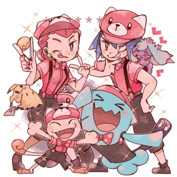 >_< 1boy 1girl apron bewear blue_eyes blue_hair blue_nails bow bowtie bright_pupils brown_apron brown_overalls brown_pants brown_shoes character_hat closed_eyes closed_mouth clothed_pokemon commentary_request earrings fangs fingernails food gen_1_pokemon gen_2_pokemon gen_7_pokemon green_eyes grin hand_on_own_chin hat heart highres holding holding_tongs james_(pokemon) jessie_(pokemon) jewelry lips lipstick makeup malasada mareanie matching_outfits meowth mimikyu nail_polish nintendo official_alternate_costume official_alternate_hairstyle on_shoulder one_eye_closed open_mouth outstretched_arms overalls pants pink_bow pink_bowtie pink_hair pink_hat pink_nails pink_shirt pokemon pokemon_(anime) pokemon_(creature) pokemon_on_shoulder pokemon_sm_(anime) polka_dot polka_dot_bow polka_dot_bowtie red_lips shirt shoes short_hair short_sleeves smile spread_arms standing suspenders tongs tongue tongue_out v white_background white_pupils wobbuffet yukikokoro