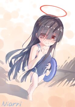 1girl absurdres artist_name bare_arms bare_legs barefoot beach black_hair black_one-piece_swimsuit blue_archive blush chinese_commentary commentary_request competition_school_swimsuit covered_navel eyes_visible_through_hair from_above hair_over_eyes halo hand_on_own_chest highres innertube justice_task_force_member_(blue_archive) loli long_hair looking_at_viewer niarri nose_blush one-piece_swimsuit outdoors red_eyes red_halo school_swimsuit shadow shy solo standing straight_hair swim_ring swimsuit traditional_halo tree_shade trinity_general_school_swimsuit walking