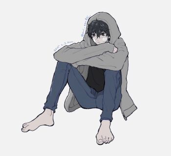 1boy amamiya_ren bandaid bandaid_on_face barefoot black_hair hood hood_up hoodie male_focus oui_zen pants persona persona_5 shirt short_hair signature sitting solo