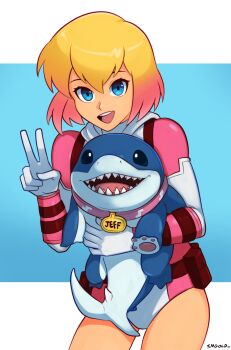 1girl absurdres animification blue_eyes bodysuit deadpool_(series) fins fish_tail gwenpool highres hood hooded_bodysuit jeff_(marvel) leotard looking_at_viewer marvel marvel_rivals multicolored_hair multicolored_leotard open_mouth pink_leotard shark shark_tail sharp_teeth short_hair smgold smile superhero_costume tail teeth