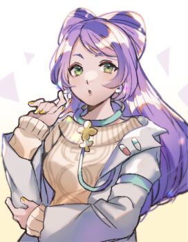 1girl bow-shaped_hair breasts collarbone commentary_request earrings eyeliner flower_earrings green_eyes jewelry karasi0088 lab_coat long_hair long_sleeves makeup medium_breasts miriam_(pokemon) nintendo off-shoulder_sweater off_shoulder pink_eyeliner pokemon pokemon_sv purple_hair solo stethoscope sweater swept_bangs upper_body yellow_nails yellow_sweater