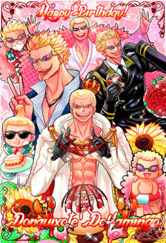 1boy abs aged_down arms_up bird birthday_cake black_gloves black_suit blonde_hair cake cake_slice character_name coat crown cup donquixote_doflamingo drinking_glass earrings eating english_text fake_facial_hair flamingo flower food food_on_face fork formal_clothes gift gloves grin happy_birthday heart holding holding_fork holding_gift holding_plate innertube japanese_clothes jewelry kimono lobster male_focus mantle muscular muscular_male necklace one_piece pink_coat plate print_kimono shirt short_hair smile suit sunflower sunglasses swim_ring teeth tongue tongue_out topknot upper_teeth_only v variations white_kimono white_shirt wine_glass yom927