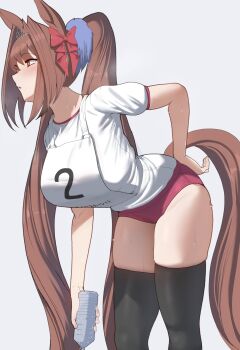 1girl absurdres animal_ears black_thighhighs bottle bow breasts breath brown_hair buruma commentary daiwa_scarlet_(umamusume) gym_shirt gym_uniform hair_bow hand_on_own_hip highres horse_ears horse_girl horse_tail huge_breasts leaning_forward long_hair looking_to_the_side red_buruma sally_(luna-arts) shirt solo sweat tail thighhighs thighs tiara tracen_training_uniform twintails umamusume very_long_hair very_sweaty water_bottle