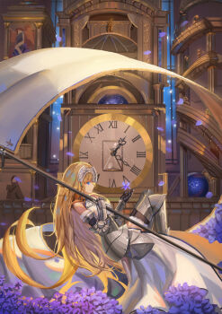 1girl armor armored_boots armored_dress banner bare_shoulders black_gloves black_thighhighs blonde_hair blue_eyes boots cape chain clock closed_mouth cross drawing_(object) dress fate/apocrypha fate_(series) faulds female_focus flag flagpole floating floating_hair flower flower_bed from_side full_armor full_body fur-trimmed_legwear fur-trimmed_sleeves fur_trim gauntlets gloves greaves hair_between_eyes hand_up headpiece highres holding hourglass jeanne_d'arc_(fate) jeanne_d'arc_(ruler)_(fate) jeanne_d'arc_(third_ascension)_(fate) knees_up light_particles long_hair looking_at_viewer looking_to_the_side petals purple_flower roman_numeral sk_tori smile solo thighhighs time very_long_hair waist_cape white_cape