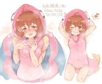 Rule 34 | 1girl, 7010, ahoge, animal costume, armpits, arms up, blush, breasts, brown eyes, brown hair, character name, character profile, collarbone, cosplay, covered navel, cropped legs, dot nose, grin, hands up, hot, idolmaster, idolmaster cinderella girls, idolmaster cinderella girls starlight stage, kigurumi, leotard, looking at viewer, multiple views, musical note, one eye closed, open mouth, pink leotard, short hair, small breasts, smile, speech bubble, standing, steam, sweat, ueda suzuho, white background