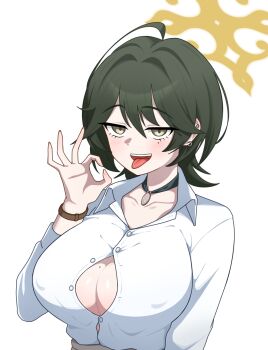 Rule 34 | 1girl, blue archive, breasts, commentary request, dress shirt, fellatio gesture, fuyu (blue archive), green eyes, green hair, hair between eyes, halo, handjob gesture, highres, huge breasts, korean commentary, naughty face, open mouth, oral invitation, partially open shirt, rude (pfhc4237), shirt, short hair, smile, tongue, tongue out, white shirt, wolf cut, yellow halo