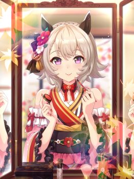 1girl absurdres animal_ears applying_makeup applying_own_makeup artist_request autumn_leaves bare_shoulders black_bow black_collar black_sash blonde_hair bow bowtie braid closed_mouth collar cosmetics cowboy_shot crown_braid curren_chan_(cutie_pie_with_shining_eyes)_(umamusume) curren_chan_(umamusume) detached_collar detached_sleeves dot_nose ear_covers eyelashes eyeliner flower frilled_sleeves frills gem hair_bow hair_flower hair_ornament happy highres holding holding_brush holding_makeup_brush holding_makeup_palette horse_ears horse_girl indoors japanese_clothes kimono leaf light_blush lipstick lipstick_tube long_sleeves looking_at_viewer loose_hair_strand makeup makeup_brush mirror nail_polish obi official_alternate_costume pink_kimono pink_lips pink_sleeves purple_eyes red_bow red_bowtie red_eyeliner red_flower red_gemstone red_nails reflection reflection_focus rope sash shimenawa short_hair shouji sidelocks sleeve_bow sleeveless sleeveless_kimono sliding_doors smile standing straight-on tassel tassel_hair_ornament two-tone_kimono umamusume white_flower white_kimono wide_sleeves