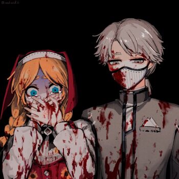 1boy 1girl aesop_carl anne_lester black_background black_trim blonde_hair blood blood_on_clothes blood_on_face blue_eyes braid commentary_request covering_own_mouth crying crying_with_eyes_open downturned_eyes grey_eyes grey_hair grey_jacket half-closed_eyes highres identity_v jacket looking_down low_ponytail mask middle_part mouth_mask ponytail puffy_sleeves red_veil red_vest shirt short_ponytail tears tendenbarabara turn_pale twin_braids upper_body veil vest wavy_eyes white_shirt