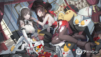 2girls azur_lane bare_shoulders black_eyes black_pantyhose blush boots bouquet breasts brown_hair charybdis_(azur_lane) commentary_request copyright_name crazy_eyes finger_on_another&#039;s_head flower gloves hat highres holding holding_bouquet jacket korean_commentary large_breasts light_blush long_hair looking_at_another maid maid_headdress manjuu_(azur_lane) multiple_girls official_art on_bed open_clothes open_jacket pantyhose pirate_hat pout red_eyes red_skirt revision royal_fortune_(azur_lane) sideboob skirt soho_(user_dphk5745) torn_clothes torn_pantyhose white_gloves white_hair