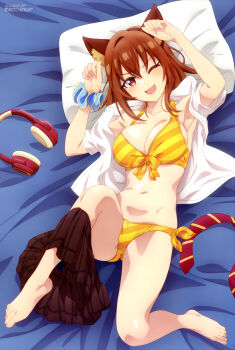 1girl ;d absurdres animal_ear_hairband animal_ears anime_coloring armpit_crease armpits bare_legs barefoot bed_sheet bikini blue_scrunchie breasts brown_eyes brown_hair cleavage collarbone collared_shirt copyright_name copyright_notice diagonal-striped_bikini diagonal-striped_clothes diagonal-striped_necktie fake_animal_ears fang front-tie_bikini_top front-tie_top full_body hair_between_eyes hairband halterneck head_on_pillow headphones highres kohinata_iroha_(imouuzai) light_blush long_hair looking_at_viewer lying magazine_scan medium_breasts megami_magazine miniskirt navel necktie official_art on_back one_eye_closed open_clothes open_mouth open_shirt paw_pose pillow plaid_clothes plaid_skirt pleated_skirt red_necktie red_skirt satou_masayuki scan school_uniform scrunchie shirt side-tie_bikini_bottom sidelocks skirt skirt_around_one_leg smile solo stomach striped_clothes swimsuit toes tomodachi_no_imouto_ga_ore_ni_dake_uzai unworn_headphones unworn_necktie white_shirt wrist_scrunchie yellow_bikini