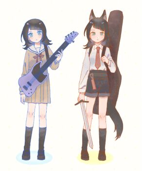 2girls animal_ear_fluff animal_ears arknights bang_dream! bang_dream!_it&#039;s_mygo!!!!! bass_guitar black_hair black_shoes black_shorts black_socks blue_eyes brown_dress chinese_commentary closed_mouth collared_shirt commentary_request dress dual_persona full_body hanasakigawa_school_uniform highres holding holding_instrument holding_sword holding_weapon instrument instrument_case kemonomimi_mode loafers long_hair long_sleeves looking_at_viewer medium_hair multiple_girls neck_ribbon necktie ni_zai_zhi red_necktie red_ribbon ribbon sailor_dress school_uniform shirt shoes shorts simple_background socks standing sword tail weapon white_background white_shirt winter_uniform wolf_ears wolf_girl wolf_tail yahata_umiri yahata_umiri_(moonlight_executioner)