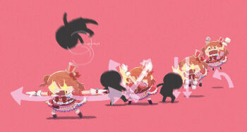 +_+ 1girl 1other :d ^^^ ^_^ arrow_(symbol) attack bilingual_commentary black_boots blunt_bangs boots braid buck_teeth bun_with_braided_base chibi chibi_only closed_eyes commentary dream_land!_dream_world! dress english_commentary gloves hair_bun hair_ornament hairclip half_updo hat highres jumping love_live! love_live!_nijigasaki_high_school_idol_club medium_hair meidosan mini_hat mini_top_hat mixed-language_commentary official_alternate_costume oonishi_aguri open_mouth orange_hair pink_background pink_dress pink_hat pink_socks sequential silhouette simple_background single_side_bun smile socks swept_bangs teeth tilted_headwear top_hat uehara_ayumu voice_actor_connection white_gloves