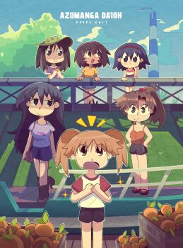 6+girls :d absurdres azumanga_daiou black_eyes black_hair black_shorts breasts brown_eyes brown_hair cleavage cloud cloudy_sky copyright_name denim denim_shorts eating food fruit glasses headband highres holding_orange kagura_(azumanga_daioh) kasuga_ayumu long_hair mihama_chiyo mizuhara_koyomi multiple_girls open_mouth orange_(fruit) orange_hair orange_shirt ponytail pookekalt purple_shirt rectangular_eyewear red_headband sakaki_(azumanga_daioh) shadow shirt short_hair short_twintails shorts shout_lines sky smile sparkle spiked_hair takino_tomo toon_(style) tree twintails visor_cap wooden_box