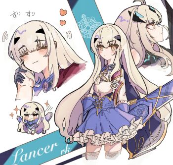 1girl 1other armor bare_shoulders blue_dress blush chibi chibi_inset closed_eyes closed_mouth commentary_request cowboy_shot dress fate/grand_order fate_(series) flower frills full_body gem grey_hair hair_between_eyes hand_on_another's_face hand_up headpiece heart holding_another's_wrist jewelry lapels long_hair long_sleeves looking_at_viewer looking_to_the_side melusine_(fate) melusine_(first_ascension)_(fate) melusine_(second_ascension)_(fate) melusine_(third_ascension)_(fate) multiple_views open_mouth orange_eyes pants pendant pink_gem puffy_long_sleeves puffy_sleeves purple_armor rkwx777 rose sidelocks simple_background smile sparkle standing sword thighhighs two-tone_dress upper_body v-shaped_eyebrows wavy_hair weapon white_background white_dress white_flower white_pants white_rose white_thighhighs