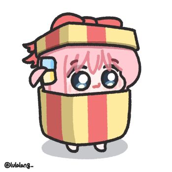 1girl blue_eyes bocchi_the_rock! box chibi chibi_only closed_mouth commentary cube_hair_ornament full_body gift gift_box gotoh_hitori hair_ornament highres in_box in_container long_hair looking_ahead lulalang one_side_up pink_hair simple_background solo standing symbol-only_commentary twitter_username white_background