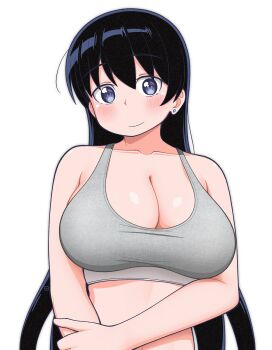 1girl absurdres arato_nagi black_hair blue_eyes blush breasts cleavage collarbone dokadayo earrings hand_on_own_arm highres jewelry large_breasts long_hair looking_at_viewer ruri_no_houseki simple_background smile solo sports_bra stud_earrings upper_body white_background