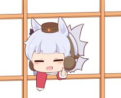 Rule 34 | 1girl, :d, animal ears, blush stickers, bow, brown hat, chibi, closed eyes, ear bow, ear covers, facing viewer, gold ship (umamusume), gomashio (goma feet), grey hair, hat, horse ears, jacket, long sleeves, mini hat, mini person, minigirl, open mouth, purple bow, red jacket, screen door, sleeves past wrists, smile, solo, through door, thumbs up, track jacket, umamusume