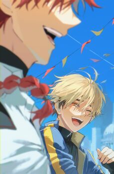 2boys ;d absurdres antenna_hair banner black_hair black_shirt blonde_hair blue_jacket blue_sky blurry blurry_foreground braid braided_ponytail chinese_commentary collared_shirt confetti day depth_of_field hair_between_eyes highres jacket long_hair long_sleeves looking_at_another male_focus multicolored_hair multiple_boys nakazawa_yuki official_artist_extra one_eye_closed open_mouth orange_eyes outdoors red_eyes red_hair shiguang_dailiren shirt short_hair single_braid sky sleeves_past_wrists smile teeth turtleneck two-tone_hair undershirt upper_body white_shirt xia_fei xiao_weiying zipper