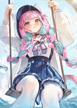 1girl :3 absurdres anchor_print aqua_hair aqua_nails arms_up baseball_cap blue_bow blue_hat blue_ribbon blue_sailor_collar blue_skirt blue_sky blush bow braid breasts cat_tail closed_mouth collarbone colored_inner_hair commentary day english_commentary fingernails hair_tie hat highres hololive hood hoodie klopsiak long_hair long_sleeves looking_up minato_aqua minato_aqua_(sailor) multicolored_hair nail_polish neck_ribbon on_swing pantyhose pink_eyes pink_hair pink_tail pleated_skirt ribbon sailor_collar shirt skirt sky smile solo streaked_hair suspender_skirt suspenders swing tail thighs tree twin_braids twintails two-tone_hair virtual_youtuber water white_hoodie white_pantyhose white_shirt